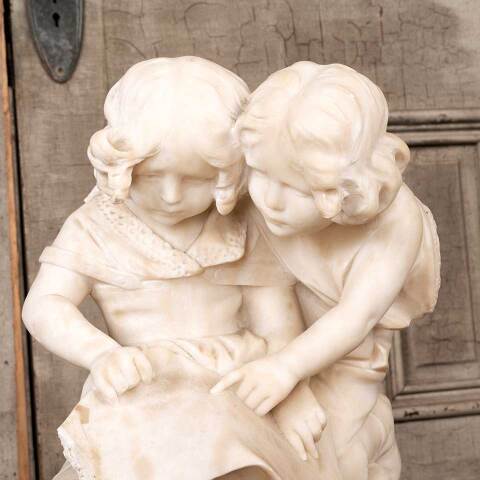 #52153 Antique Alabaster Statue of Two Girls Reading image 2